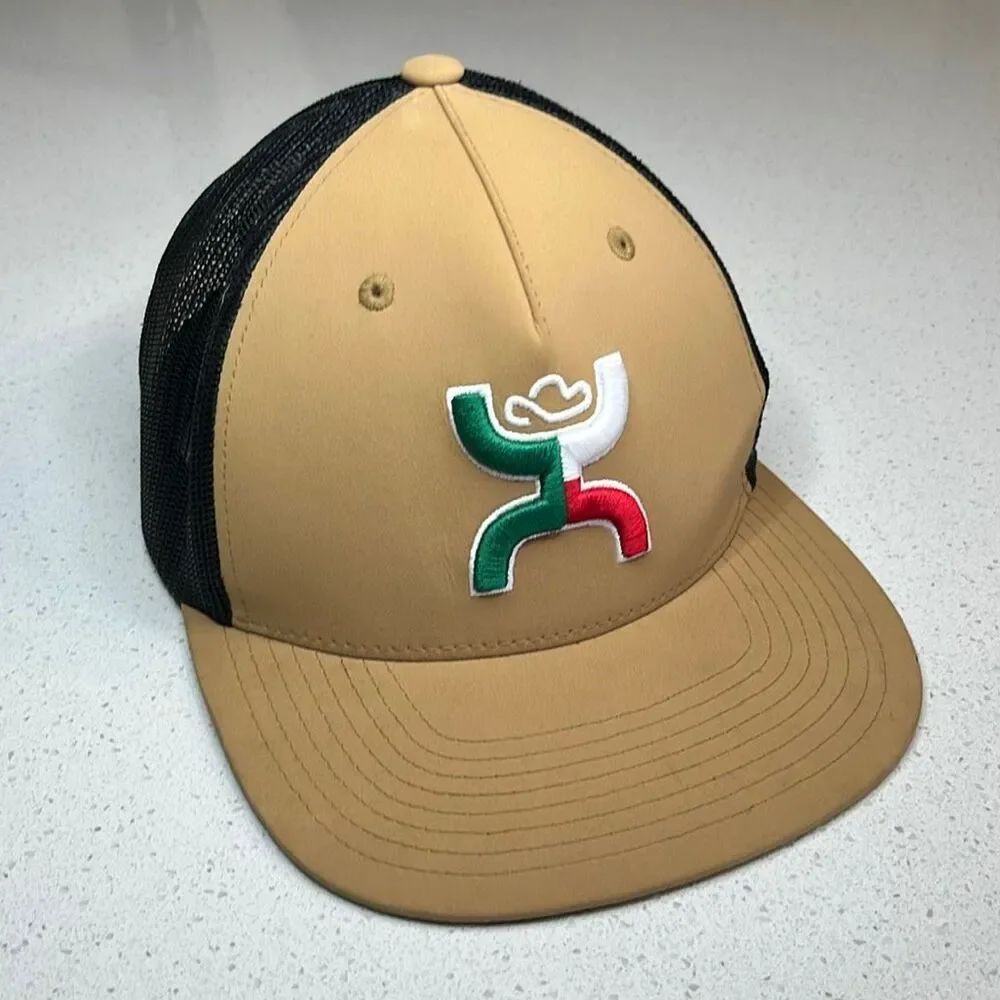 HOOey Tan Black Mesh Snapback Trucker Hat Mexican Flag Logo One Size Cap Western